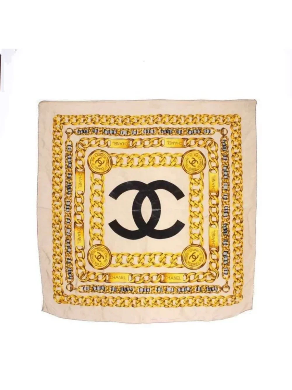 Chanel Large Scarf Shawl CC Logo Chain All Over Print Beige Yellow Black